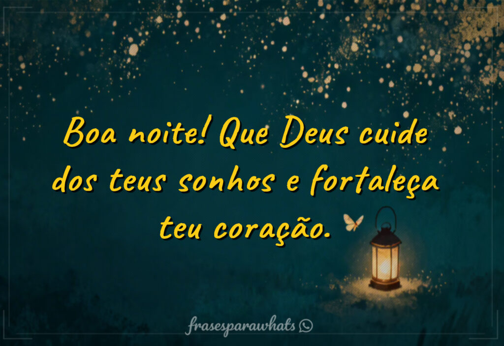 Frases curtas de boa noite com bênção divina: Boa noite! Que Deus cuide dos teus sonhos e fortaleça teu coração.